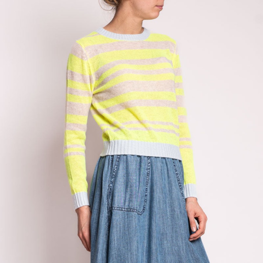 JUMPER1234 Contrast Stripe Crew In Cement/Buff/Neon/Yellow New