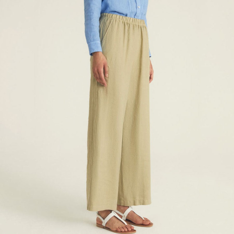 ROSSO35 Linen Garment Dyed Wide Leg Trousers In Khaki Clearance