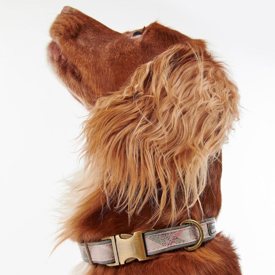 BARBOUR Reflective Tartan Dog Collar In Taupe/Pink Tartan | Collen And Clare New