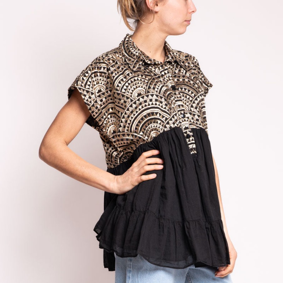 GREEK ARCHAIC KORI All Over Ruffles Embroidered Blouse In Black/Gold Best