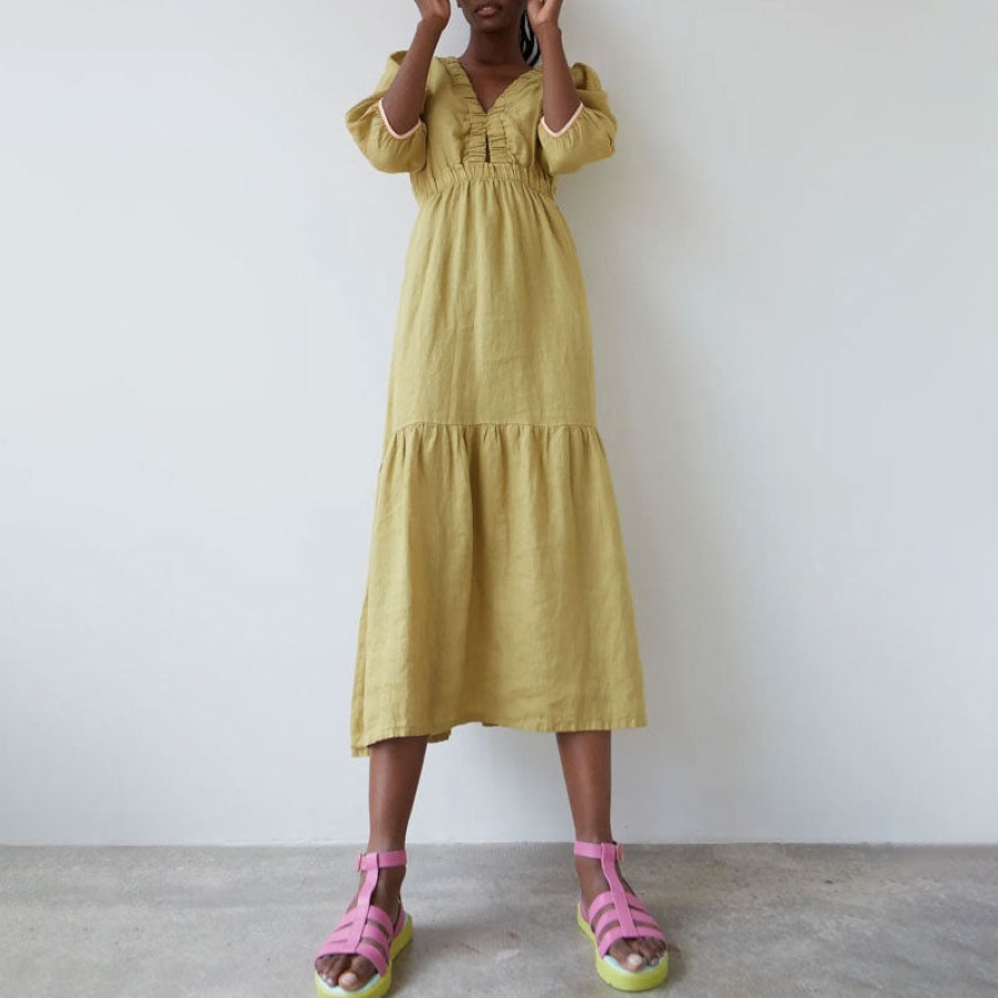 DR BLOOM Joy Linen Dress In Khaki Clearance