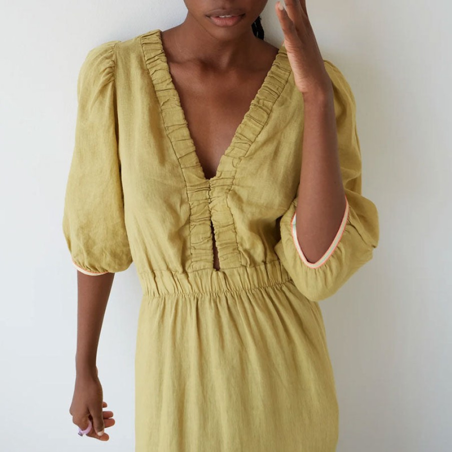 DR BLOOM Joy Linen Dress In Khaki Clearance