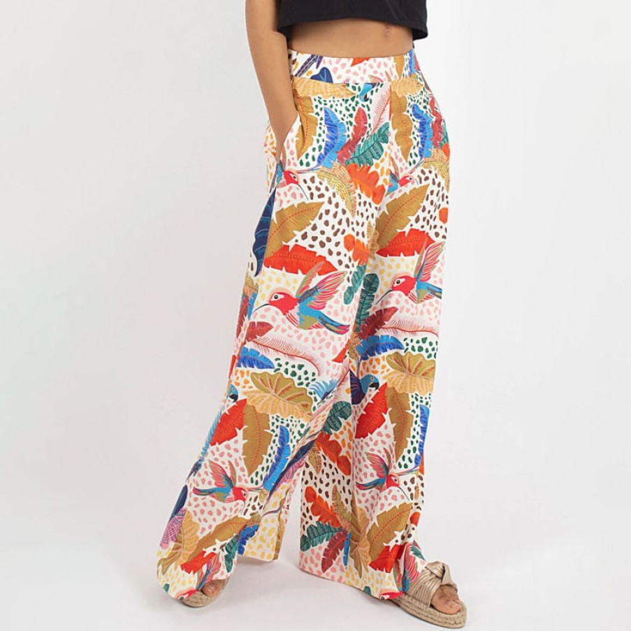 TRAFFIC PEOPLE Feather Print Wide Leg Trousers In Multi Best