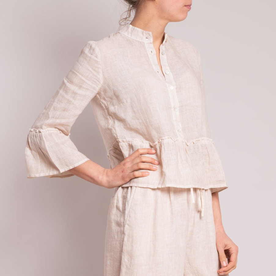 120% LINO Peplum Hem & Frill Sleeve Shirt In Safari Soft Fade Online