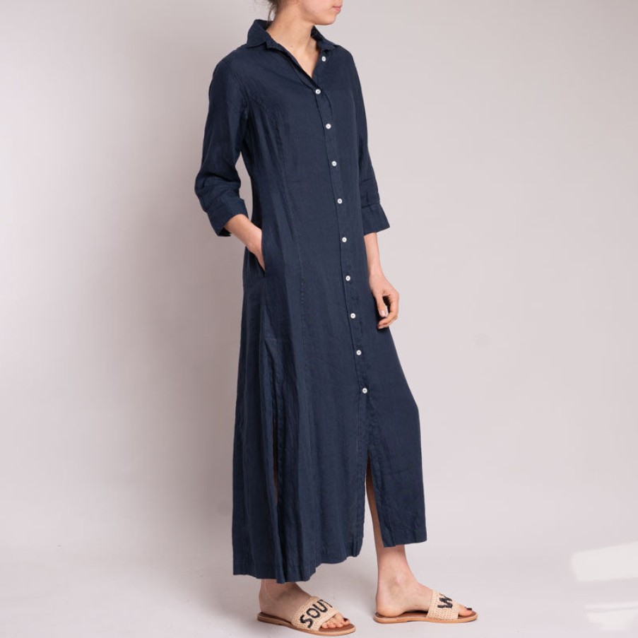 ROSSO35 Garment Dyed Long Shirt Dress In Navy Blue Wholesale