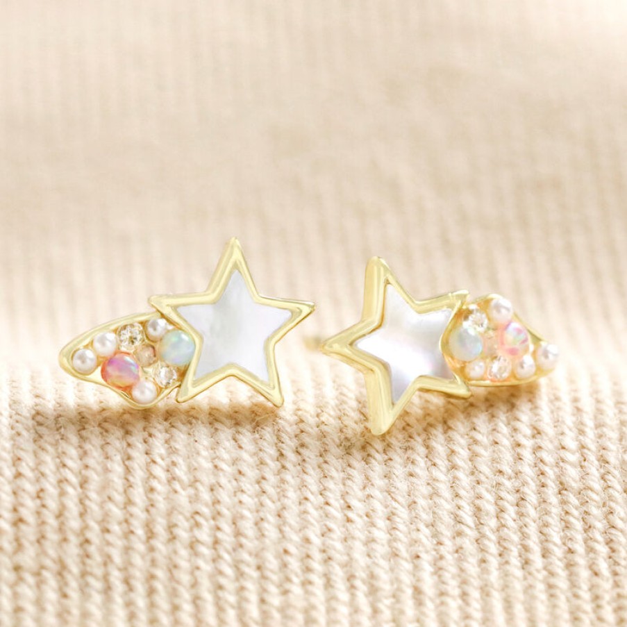 LISA ANGEL Mother Of Pearl Shooting Star Stud Earrings In Gold New