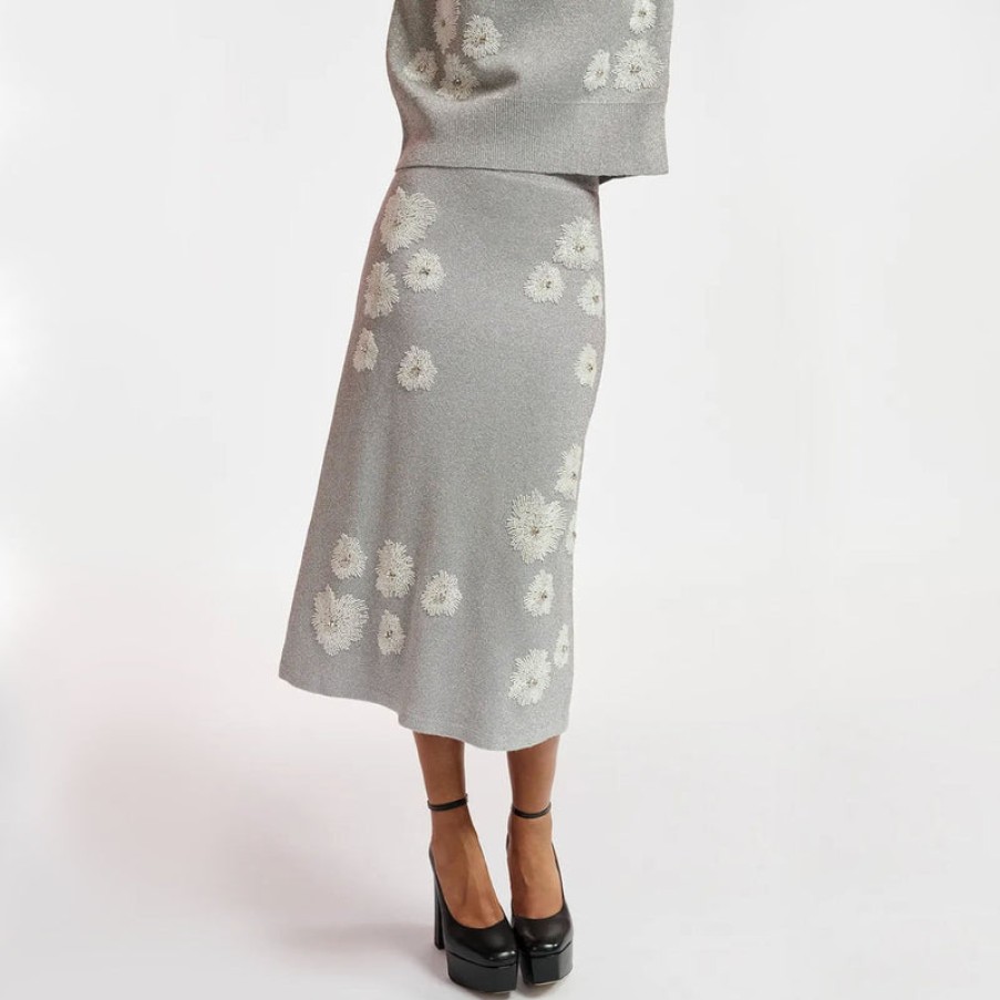 ESSENTIEL ANTWERP Edance Embroidered Knit Skirt In Silver/Off White | Collen & Clare Wholesale