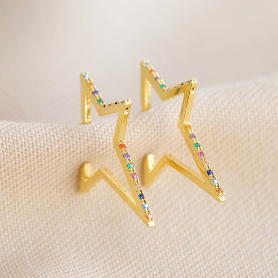 LISA ANGEL Rainbow Crystal Star Outline Hoop Earrings In Gold Hot