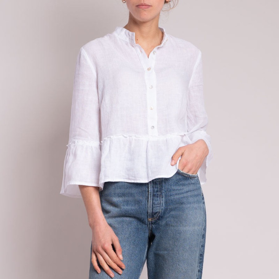 120% LINO Peplum Hem & Frill Sleeve Shirt In White Best