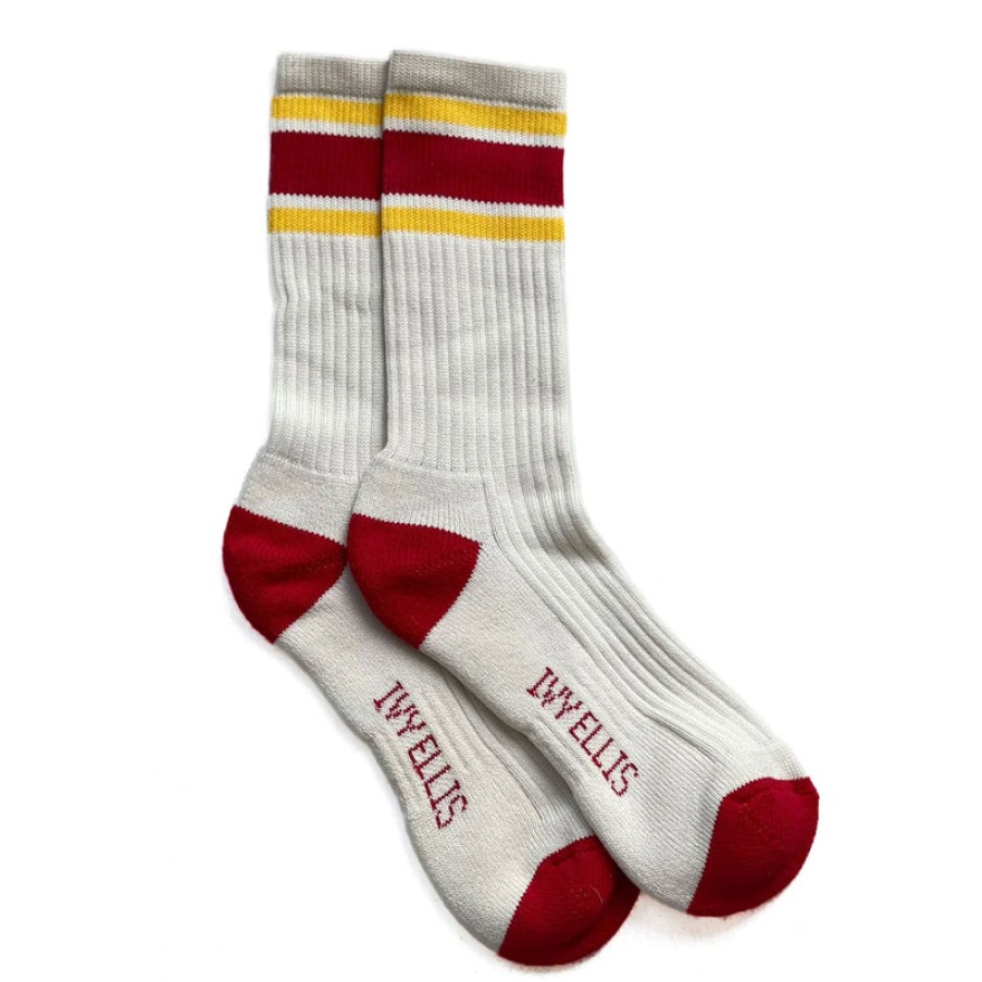 IVY ELLIS Mens Dawson Vintage Cotton Sports Socks In Ecru/Yellow/Red | Collen And Clare Clearance