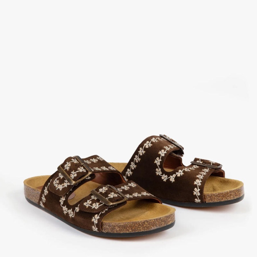 PENELOPE CHILVERS Pool Suede Embroidery Slide Sandal In Bitter Chocolate Clearance