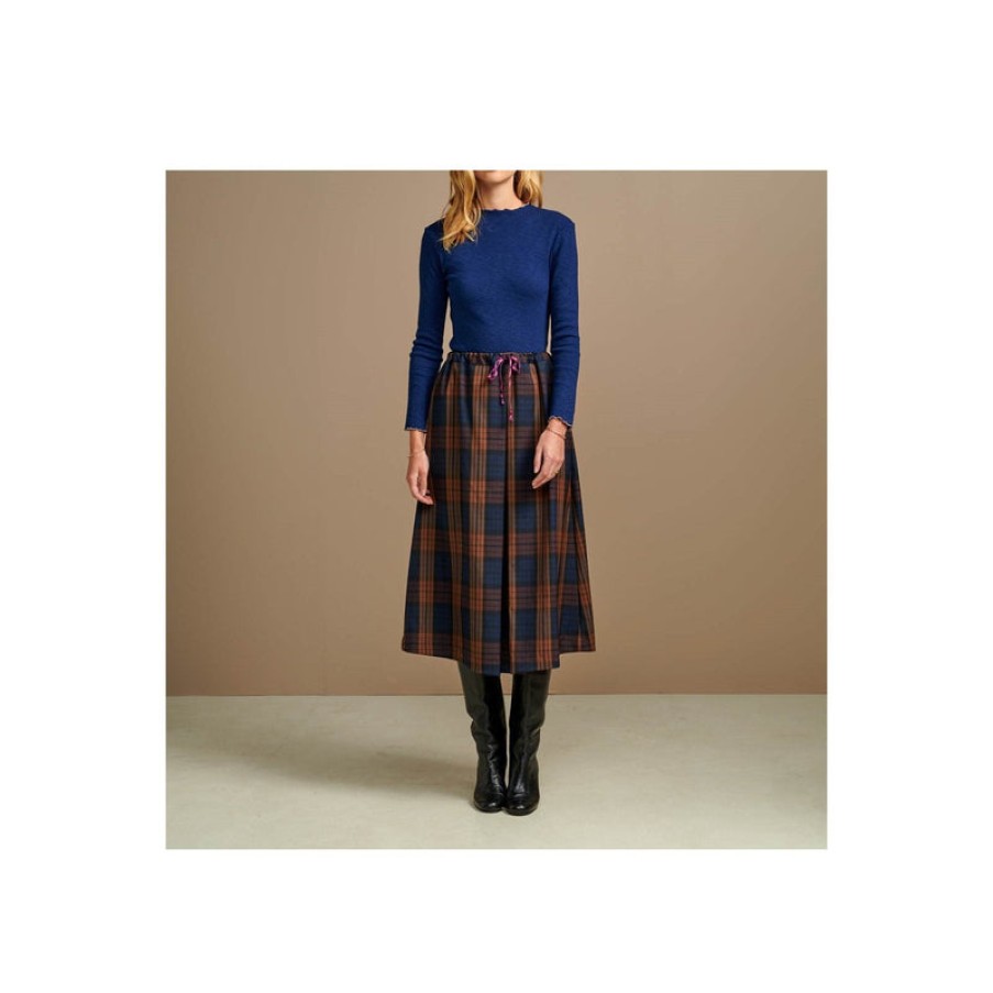 BELLEROSE Adams Check Pleat Skirt In Navy/Brown | Collen & Clare New