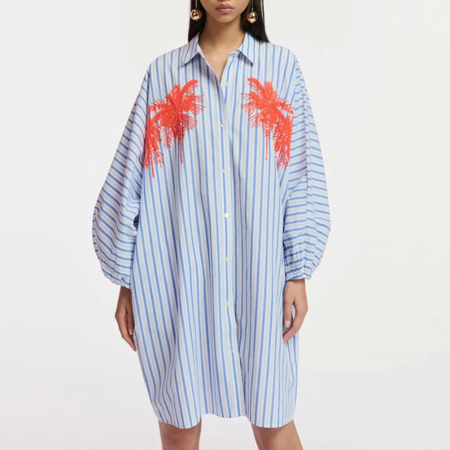 ESSENTIEL ANTWERP Frilled Puff Sleeve Shirt Dress In Blue/Orange/White New