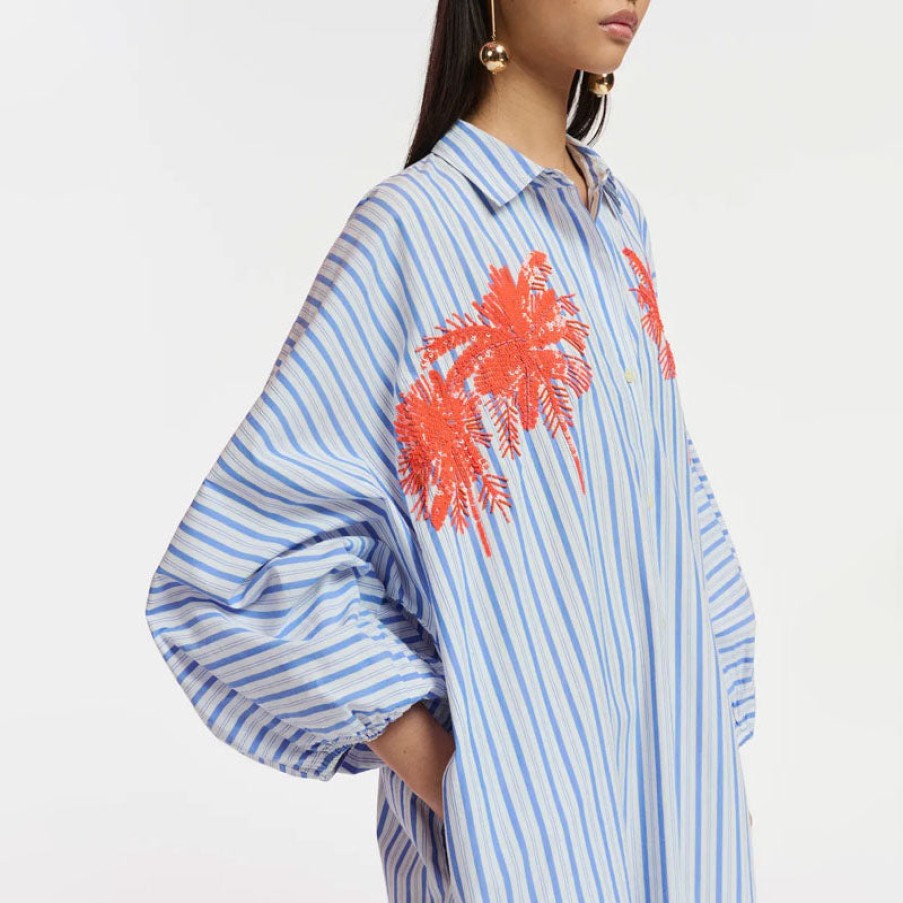 ESSENTIEL ANTWERP Frilled Puff Sleeve Shirt Dress In Blue/Orange/White New