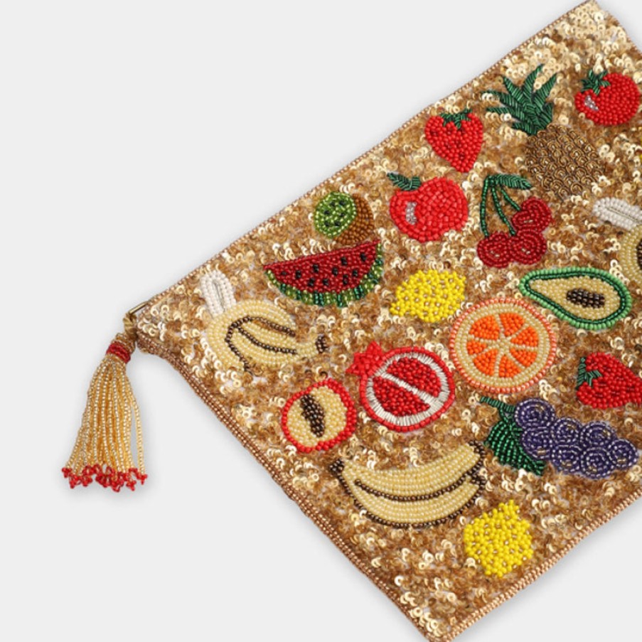 OLIVIA DAR Small Mixed Fruits Sequin Pouch In Gold | Collen & Clare Clearance