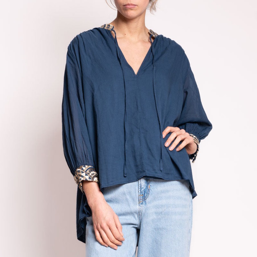 GREEK ARCHAIC KORI All Over L/S Drawstring Blouse In Navy/Blue Gold Wholesale