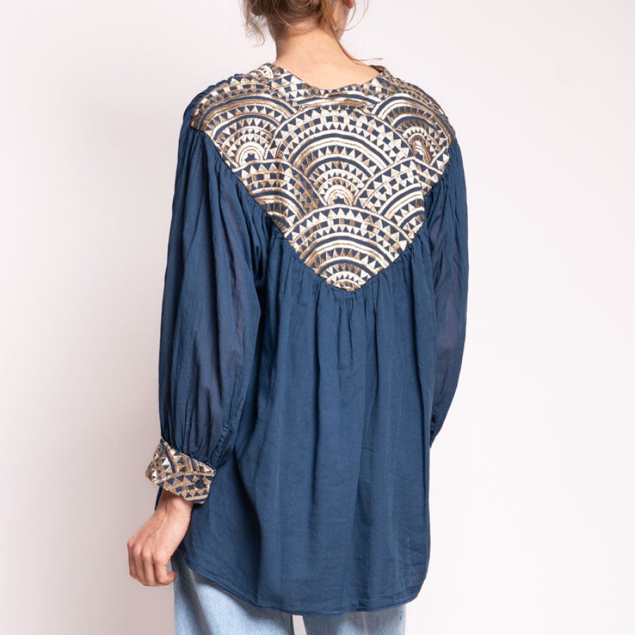 GREEK ARCHAIC KORI All Over L/S Drawstring Blouse In Navy/Blue Gold Wholesale