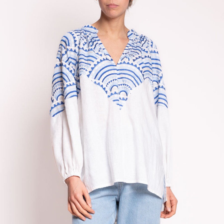 GREEK ARCHAIC KORI All Over Puffy L/S Blouse In White/Blue Best