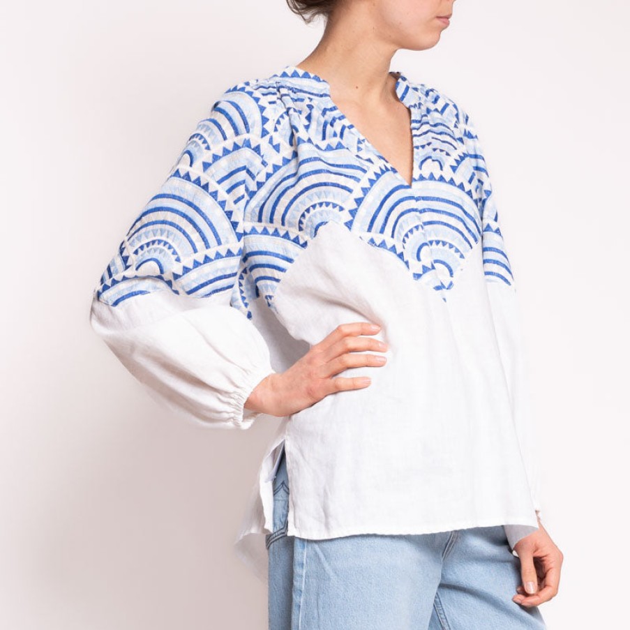 GREEK ARCHAIC KORI All Over Puffy L/S Blouse In White/Blue Best