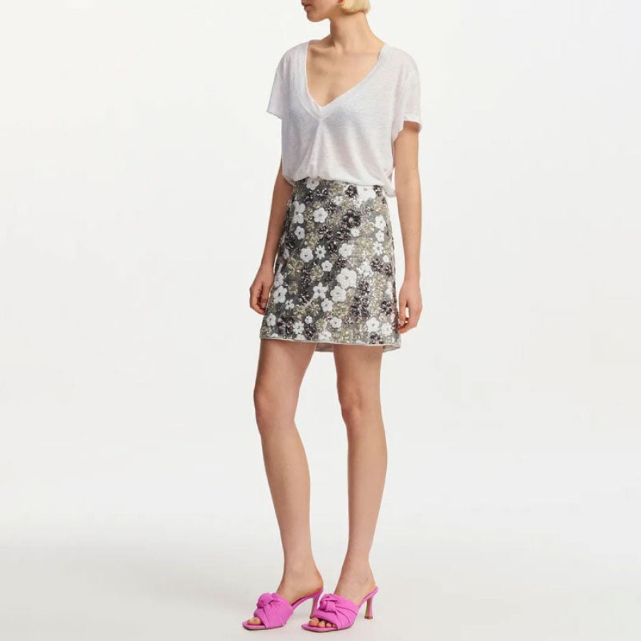 ESSENTIEL ANTWERP Fishbone Sequin Mini Skirt In Silver/White New