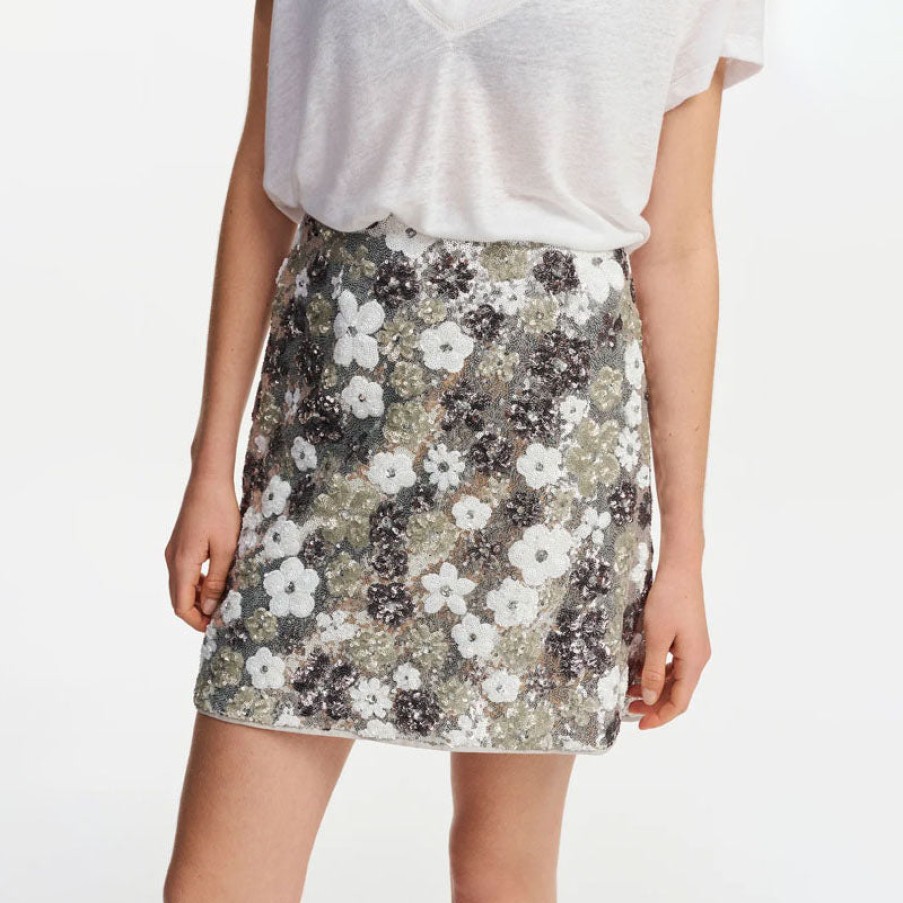 ESSENTIEL ANTWERP Fishbone Sequin Mini Skirt In Silver/White New