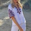 ROSE AND ROSE Ferrara Balloon Sleeve Applique Top In White/Chocolate Hot